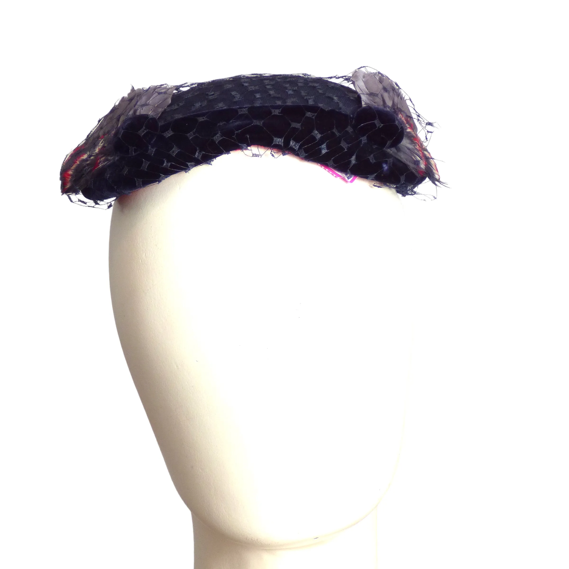 1950s Navy Damask & Feather Hat