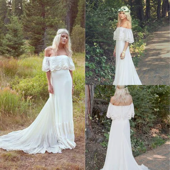 A Line Off the Shoulder Ivory Lace Beach Wedding Dresses Chiffon Bridal Dress