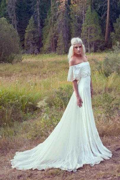A Line Off the Shoulder Ivory Lace Beach Wedding Dresses Chiffon Bridal Dress