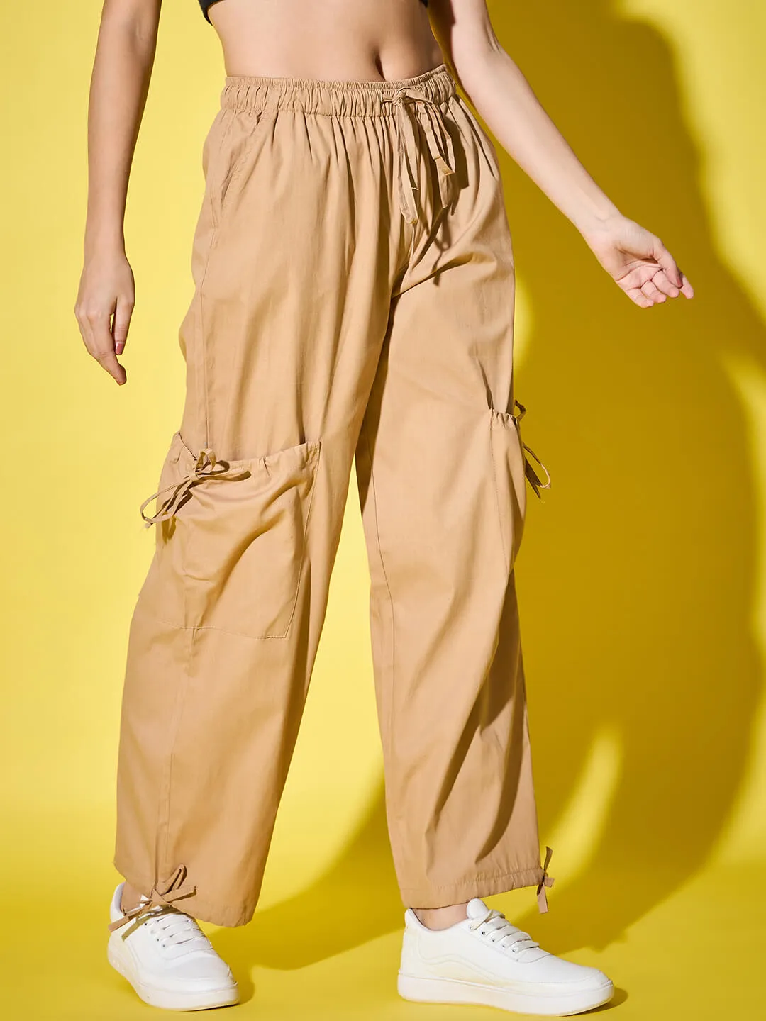 Adjustable Tie-Side Cargo Pockets Cotton Blend Solid Women’s Cargo Pants-3456-3458
