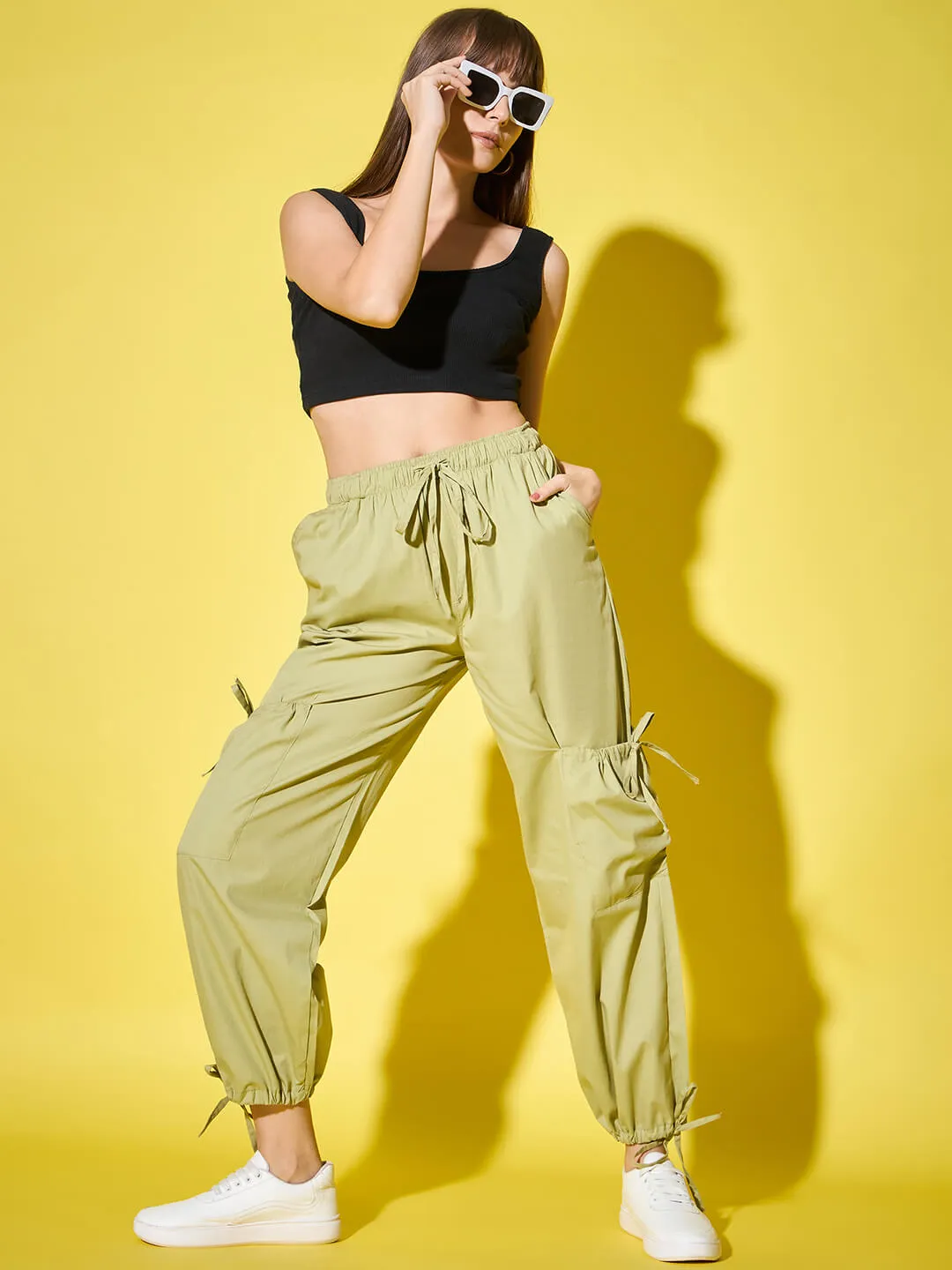 Adjustable Tie-Side Cargo Pockets Cotton Blend Solid Women’s Cargo Pants-3456-3458