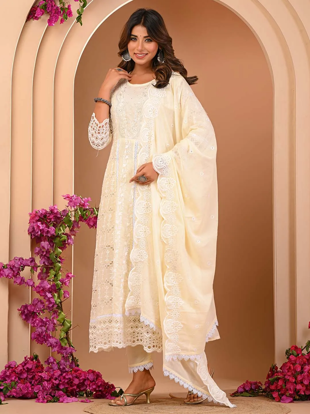 Cream Cotton Mul Embroidered Kurta with Pant and Dupatta