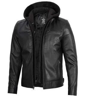 Dodge Men's Black Moto Leather Jacket With Hood