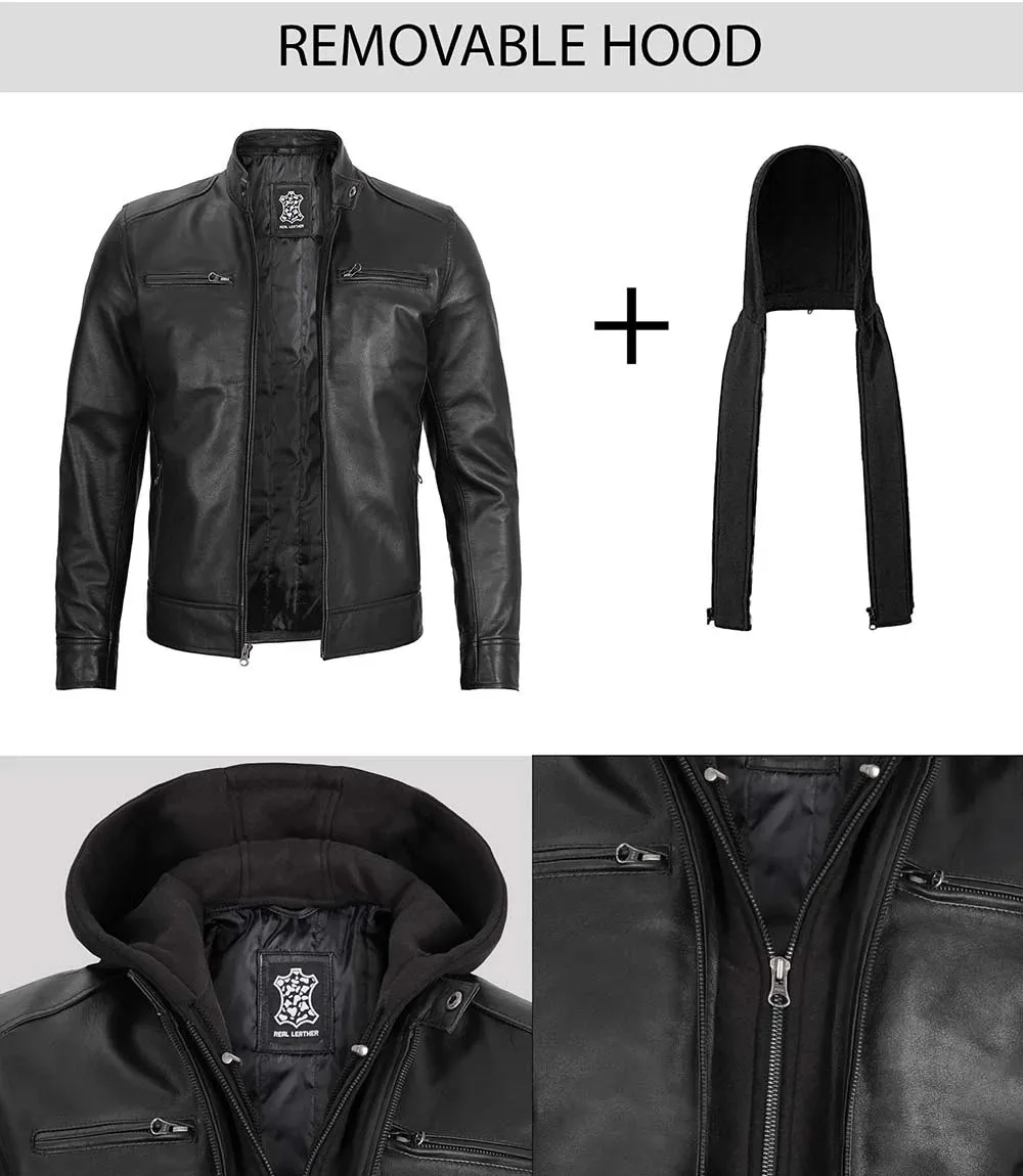 Dodge Men's Black Moto Leather Jacket With Hood