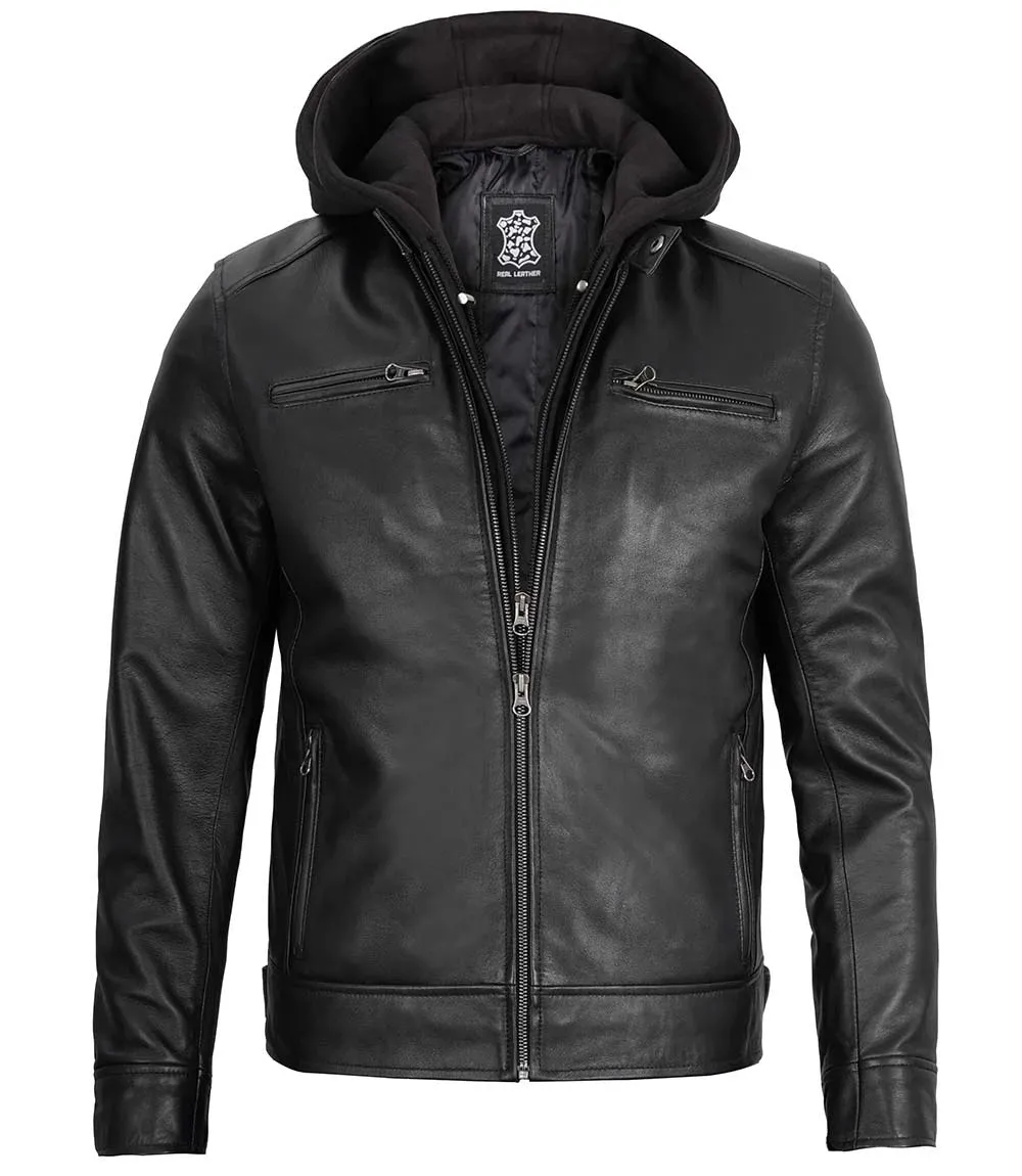 Dodge Men's Black Moto Leather Jacket With Hood