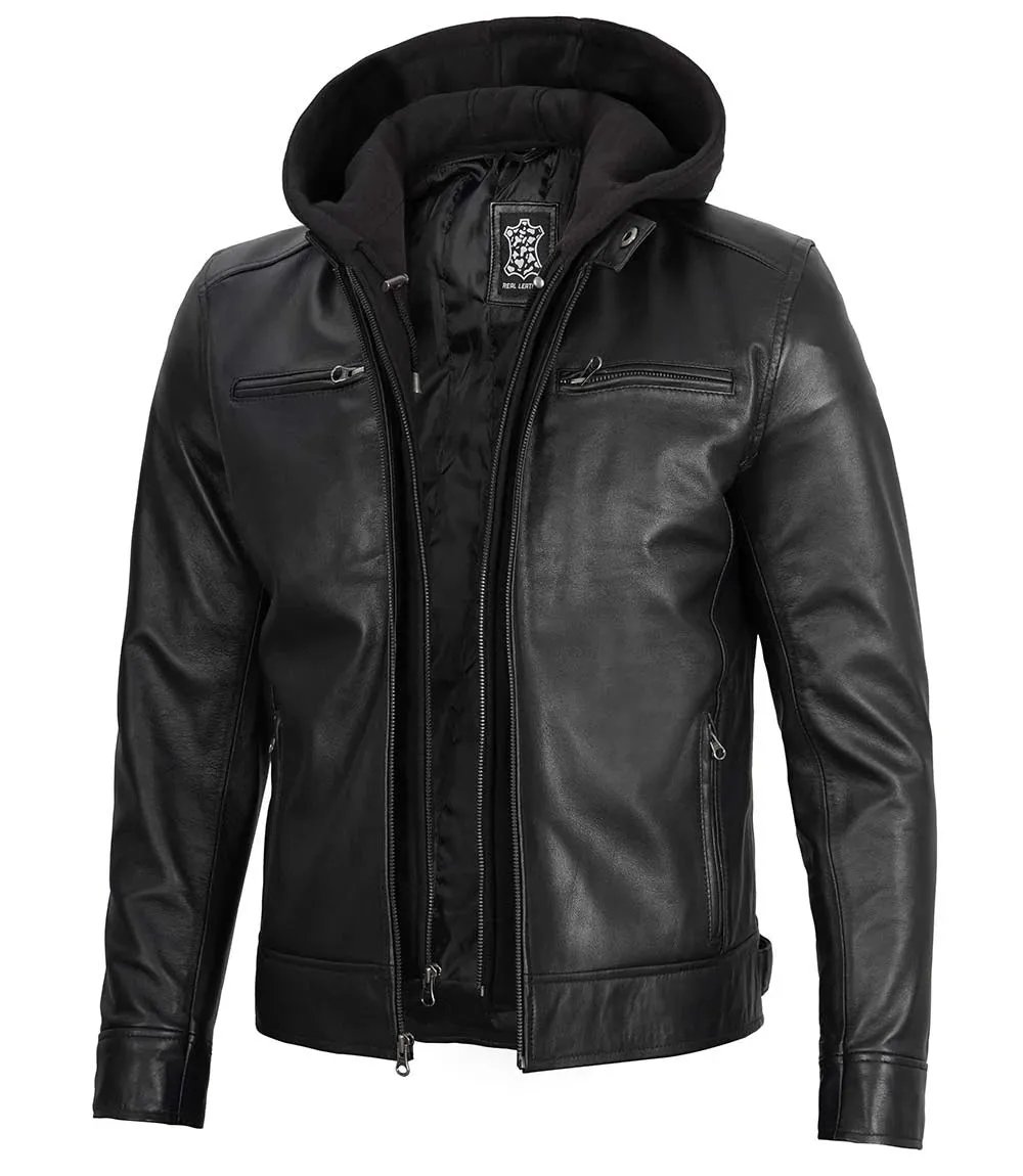 Dodge Men's Black Moto Leather Jacket With Hood