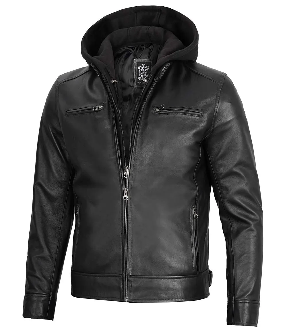 Dodge Men's Black Moto Leather Jacket With Hood