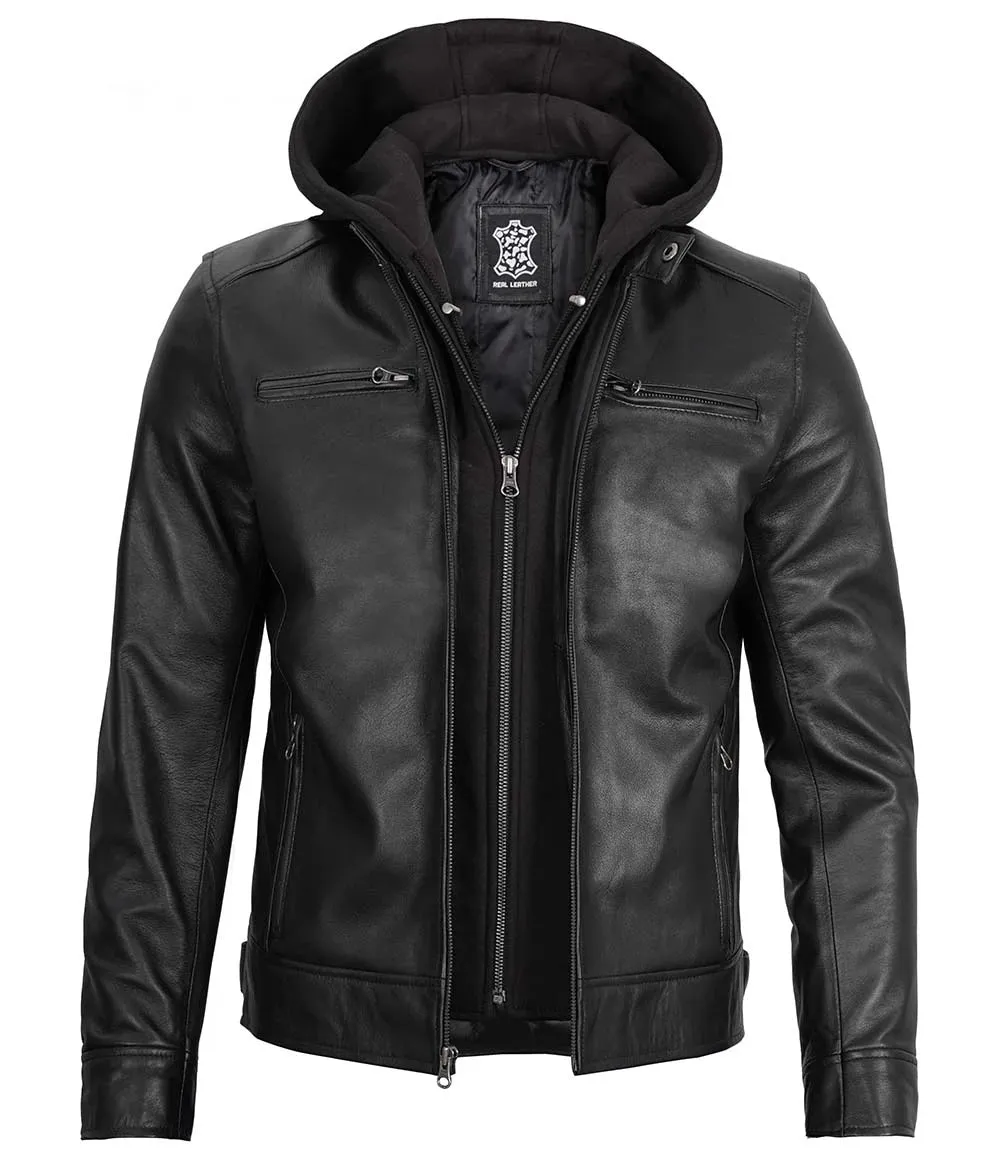 Dodge Men's Black Moto Leather Jacket With Hood