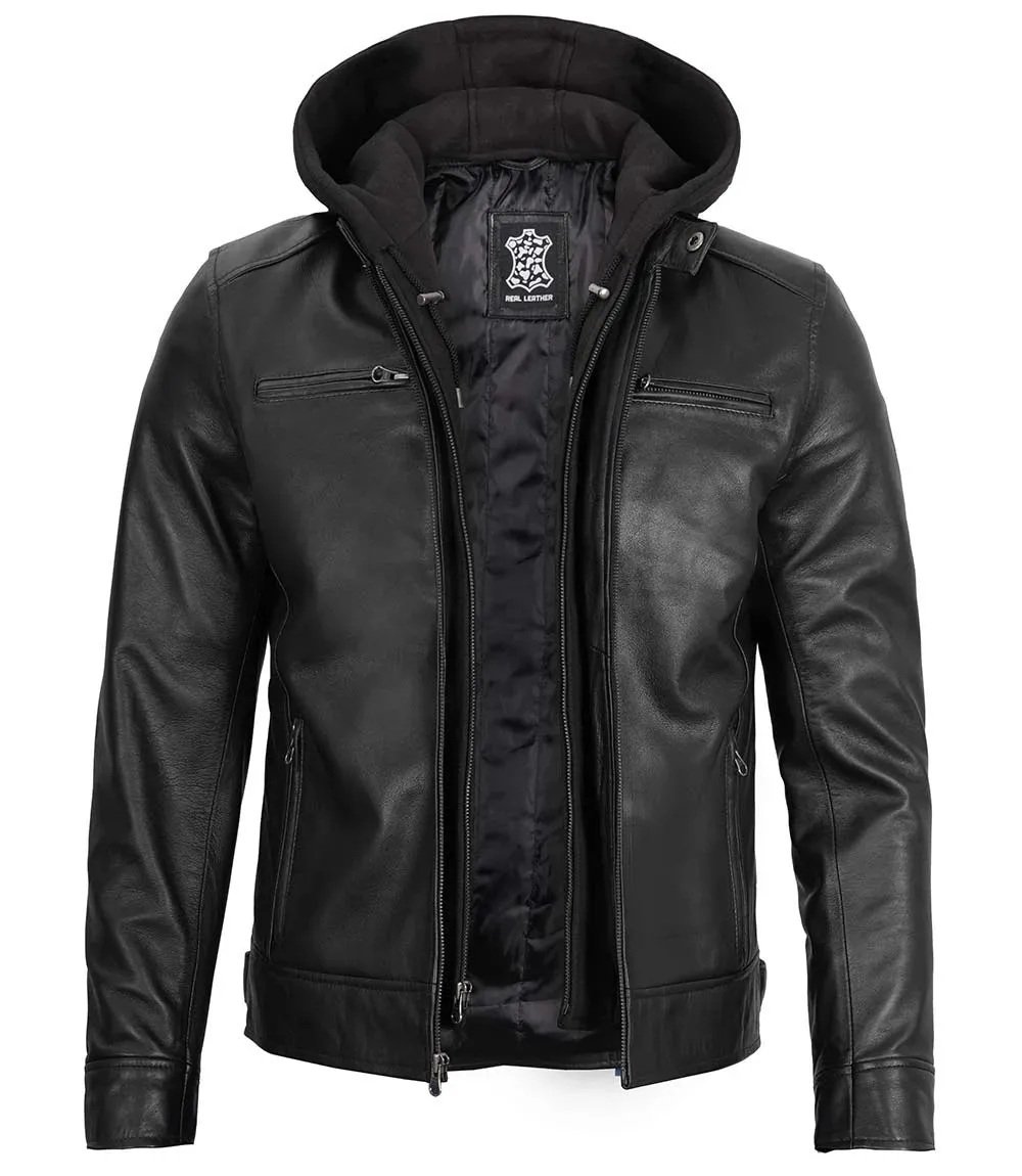 Dodge Men's Black Moto Leather Jacket With Hood