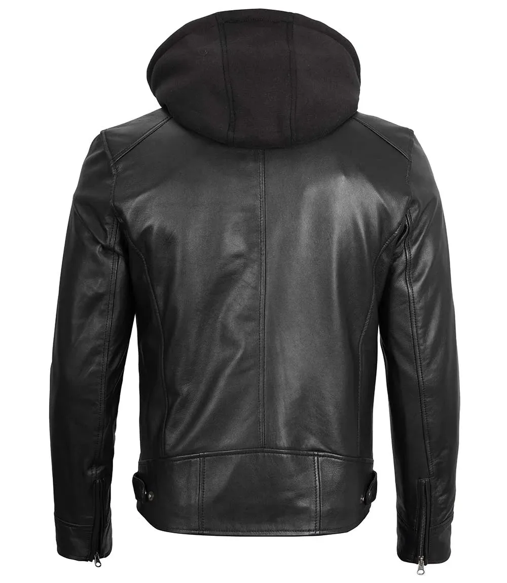 Dodge Men's Black Moto Leather Jacket With Hood