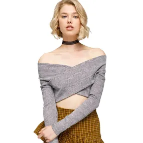Glen Plaid Off Shoulder Crisscross Crop Top In Grey