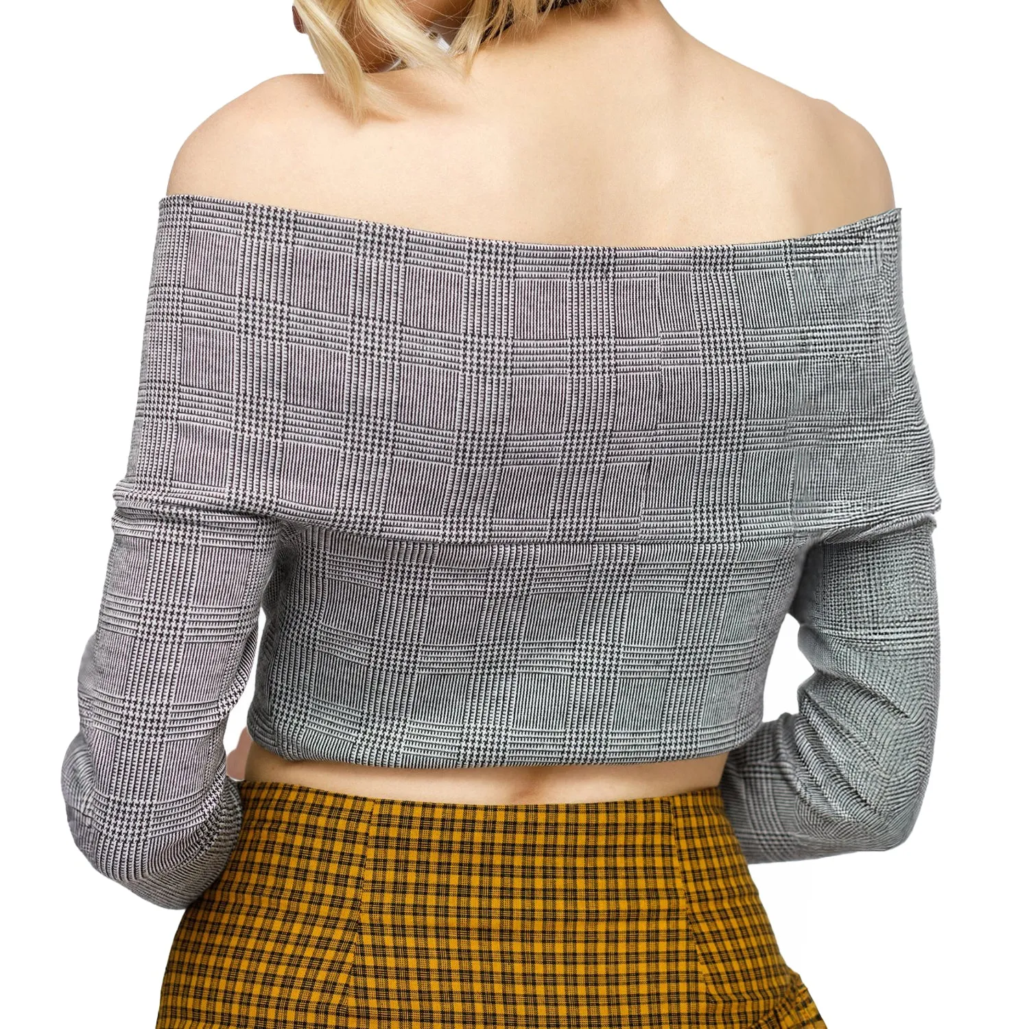 Glen Plaid Off Shoulder Crisscross Crop Top In Grey