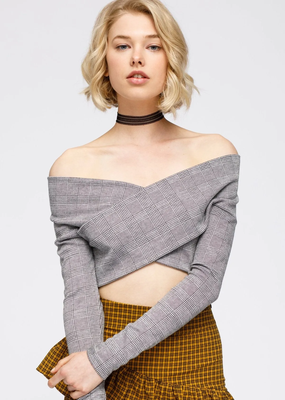 Glen Plaid Off Shoulder Crisscross Crop Top In Grey