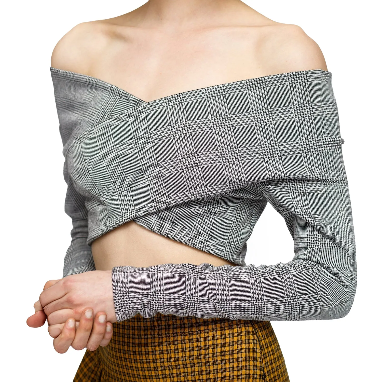 Glen Plaid Off Shoulder Crisscross Crop Top In Grey