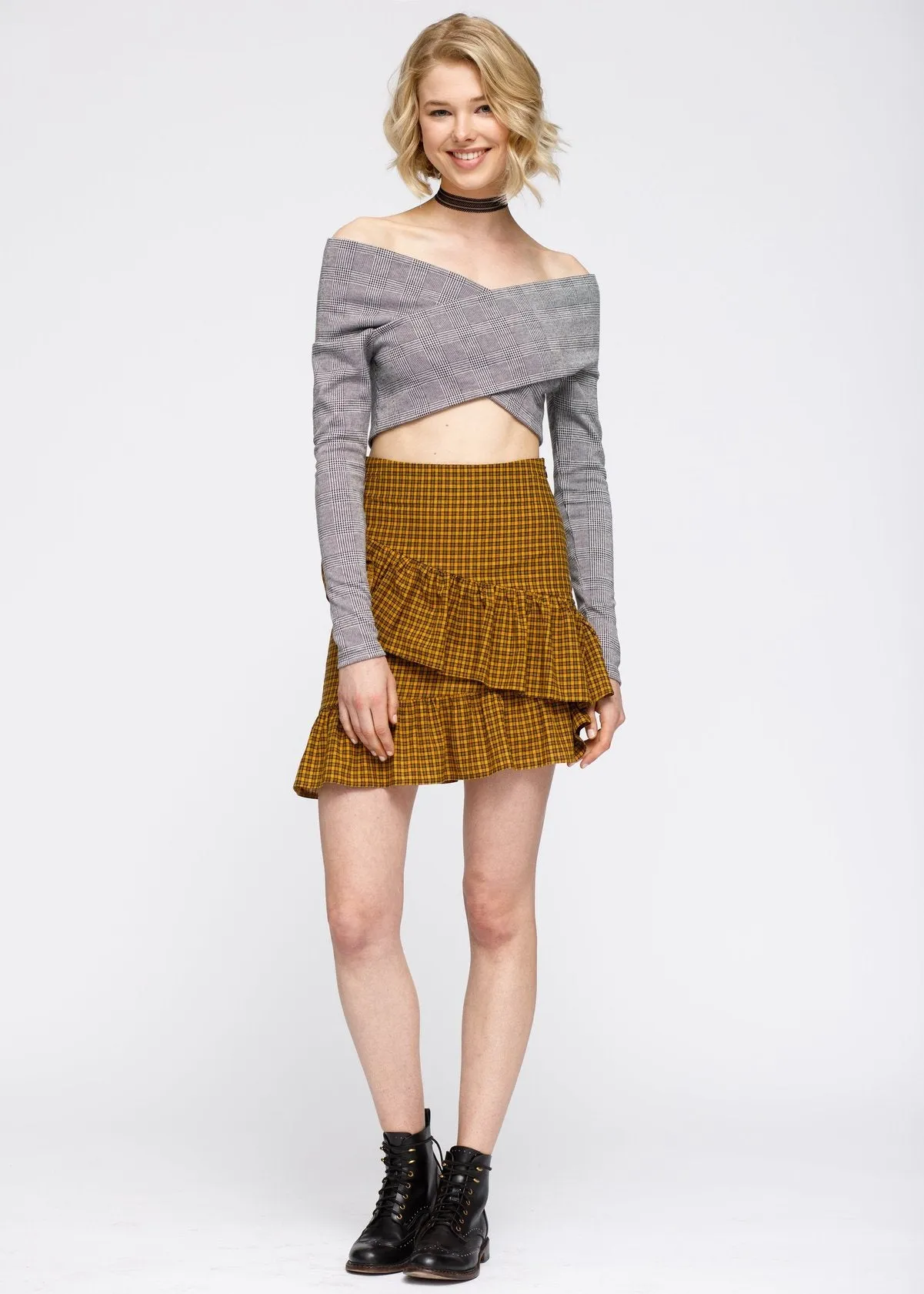 Glen Plaid Off Shoulder Crisscross Crop Top In Grey