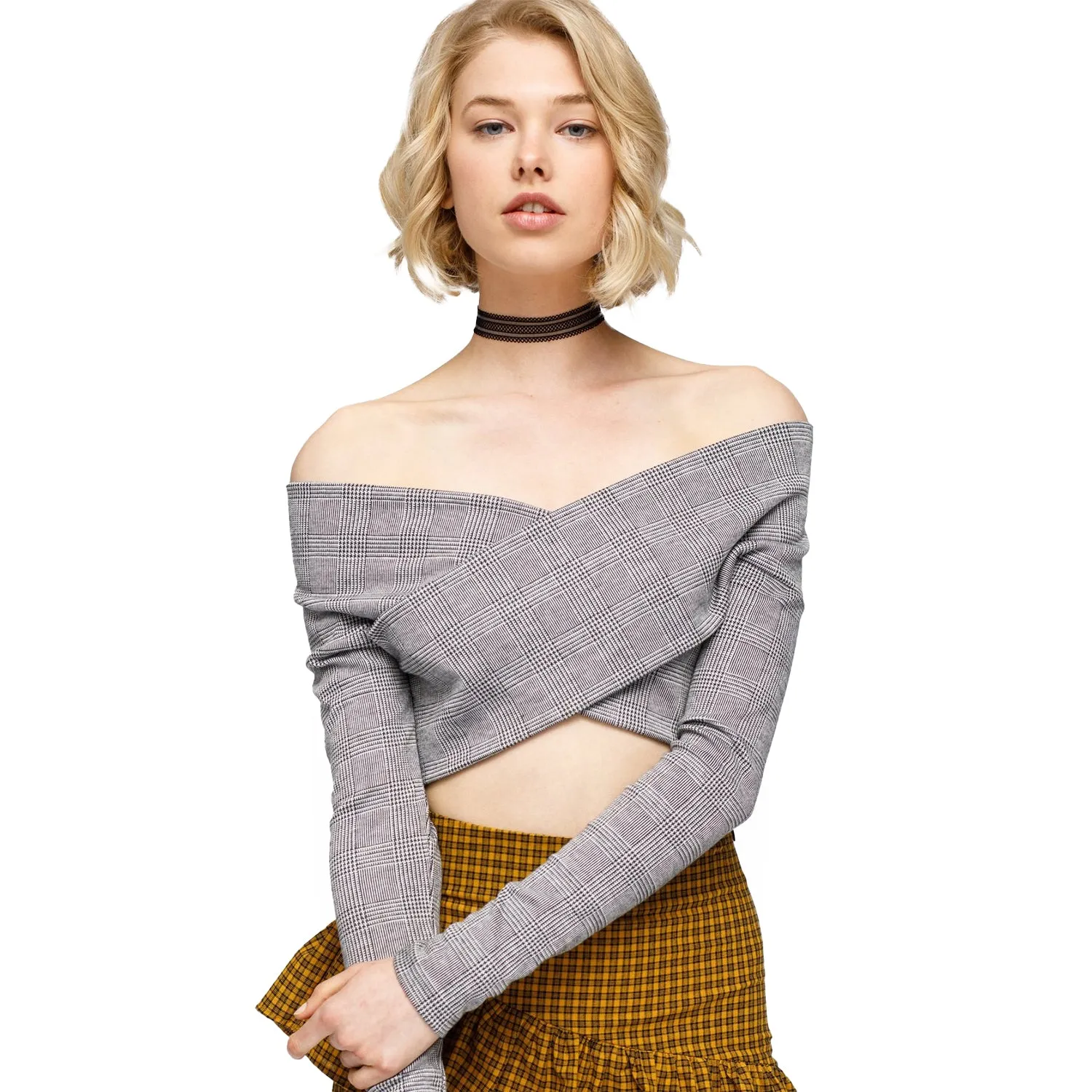 Glen Plaid Off Shoulder Crisscross Crop Top In Grey
