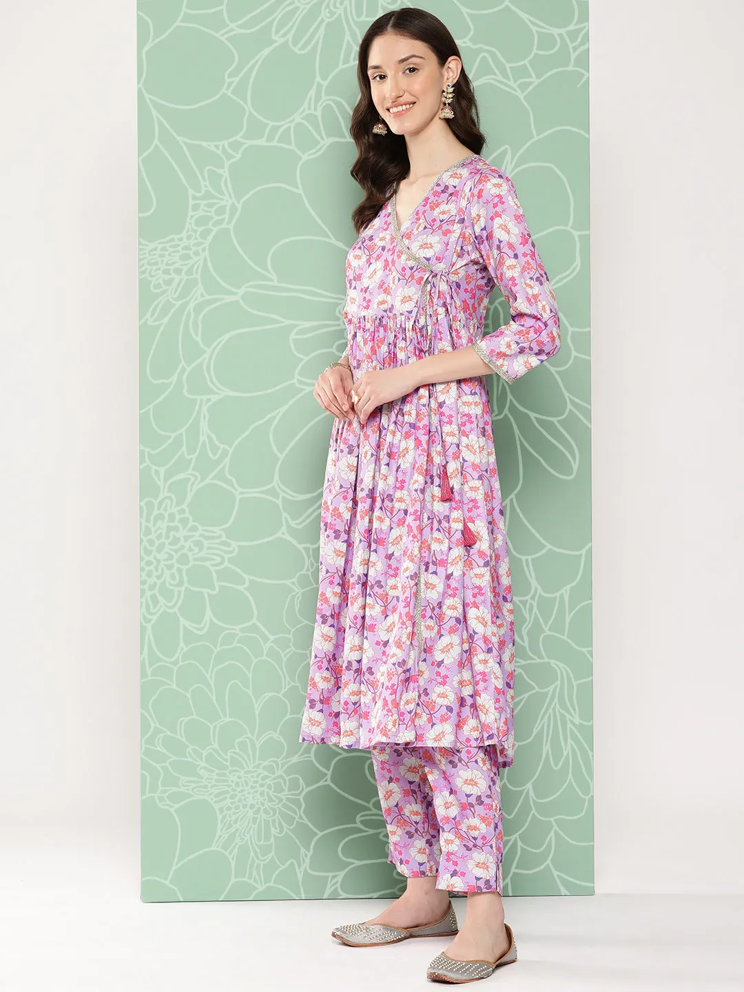 Lavender Moss Digital Floral Printed Kurta with Pant and Dupatta